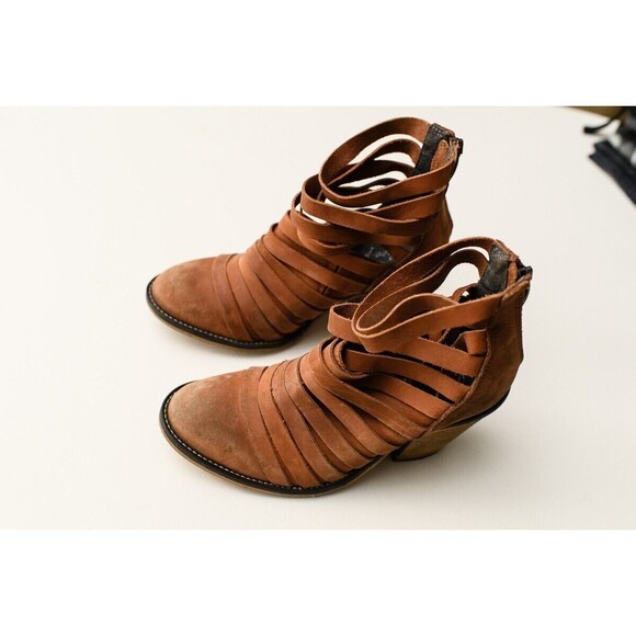 Free People Hybrid Boots Womens 36 US 6 Strappy Distressed Brown Nubuck Shoes - Picture 2 of 11